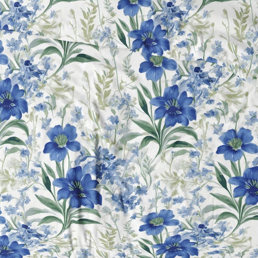 Image of 100% cotton fabric - blue flowers 125 g/m² – available at Šarlotes audumi