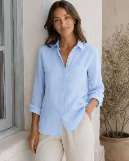 Image of 100% softened linen fabric, light blue, 165 g/m² – available online at Šarlotes audumi