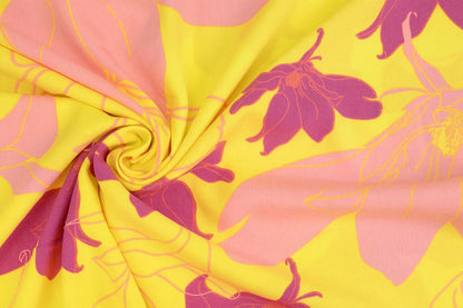 100% Viscose fabric- yellow and pink flowers 105 g/m²