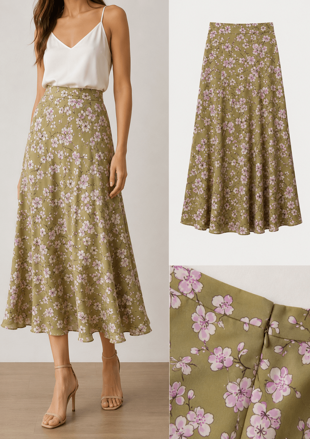 Image of 100% viscose fabric with cherry blossoms on a pistachio green background, 100 g/m² – available at Šarlotes audumi