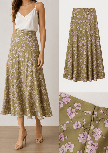 Image of 100% viscose fabric with cherry blossoms on a pistachio green background, 100 g/m² – available at Šarlotes audumi