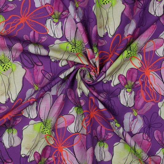 100% Viscose Fabric LENZING™ ECOVERO™ flowers on a lilac background 110 g/m²