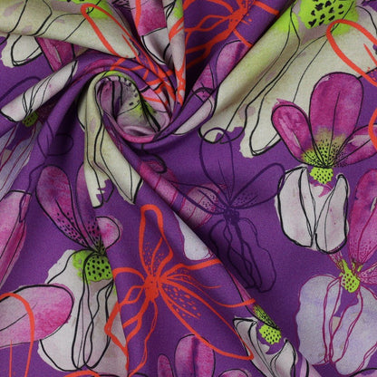 100% viscose fabric LENZING™ ECOVERO™-flowers on a lilac background 110 g/m²