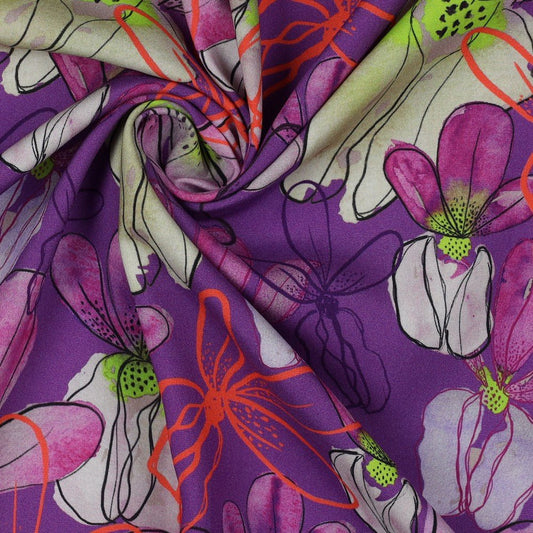 100% viscose fabric LENZING™ ECOVERO™-flowers on a lilac background 110 g/m²