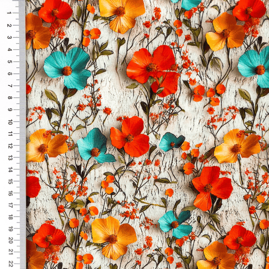 100% viscose fabric - orange and turquoise flowers 110 g/m²