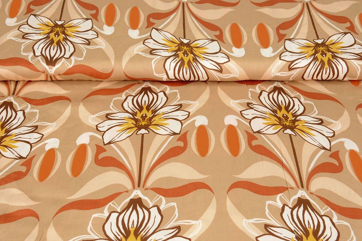 100% Viscose fabric - orange flowers 100 g/m²