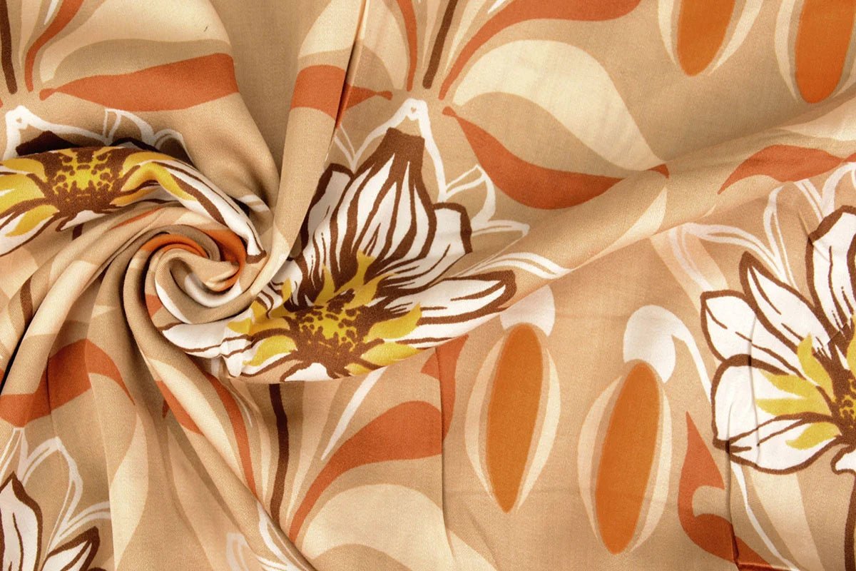 100% viscose fabric - orange flowers 100 g/m²