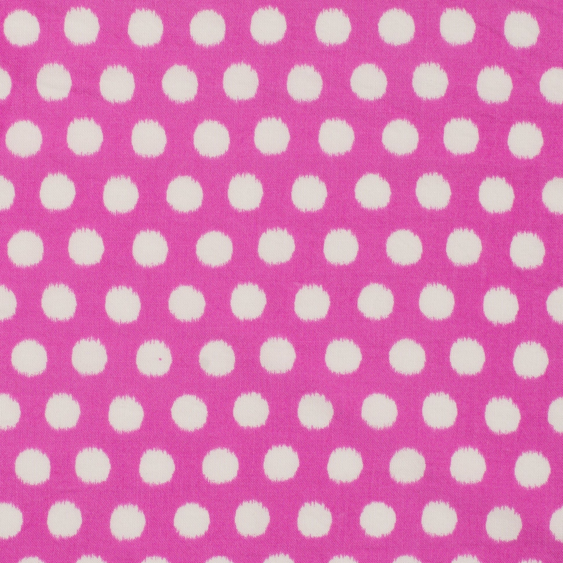 Image of 100% viscose fabric with polka dot pattern on pink – available online at Šarlotes audumi