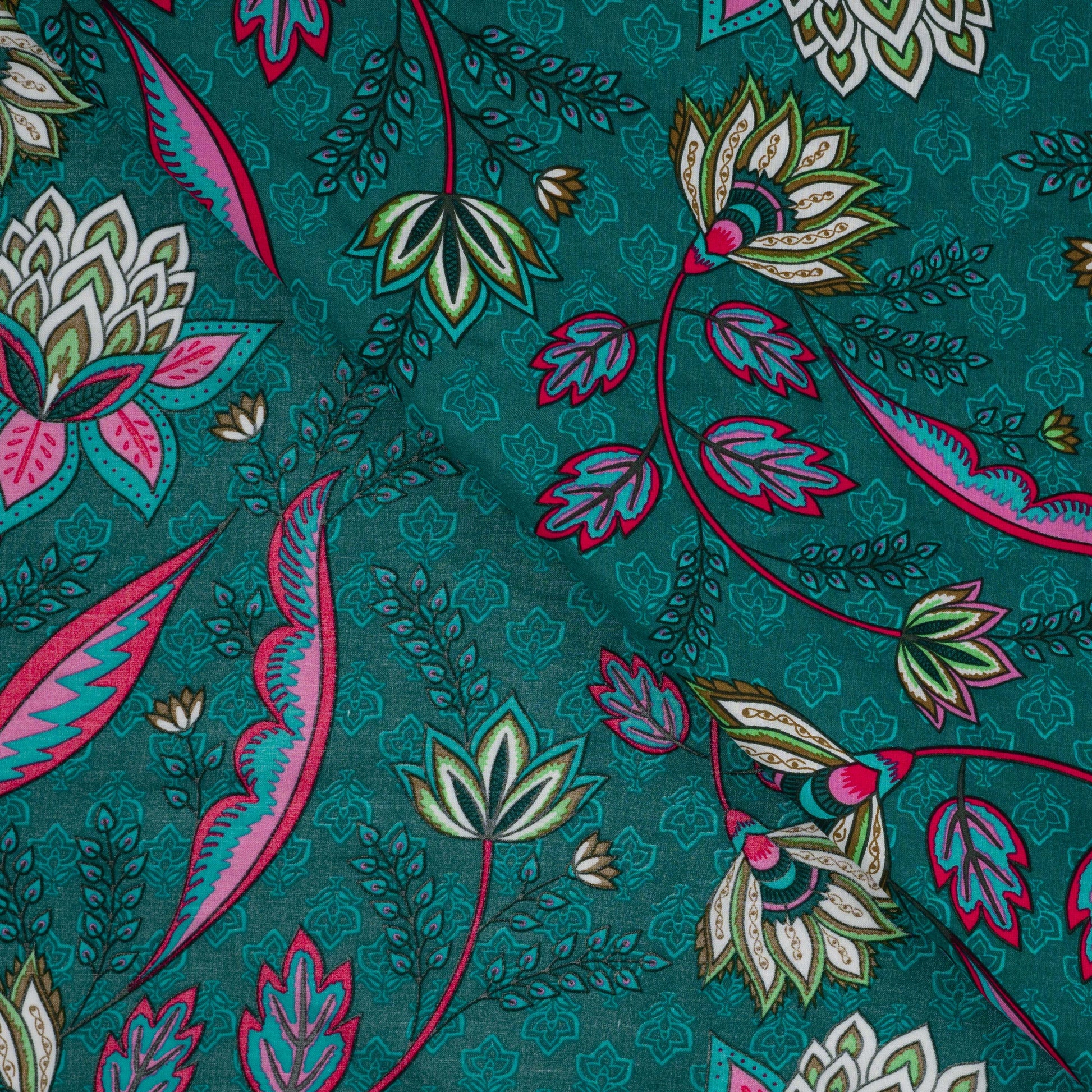 Image of 100% viscose fabric pattern on a petrol background 90 g/m² – available at Šarlotes audumi