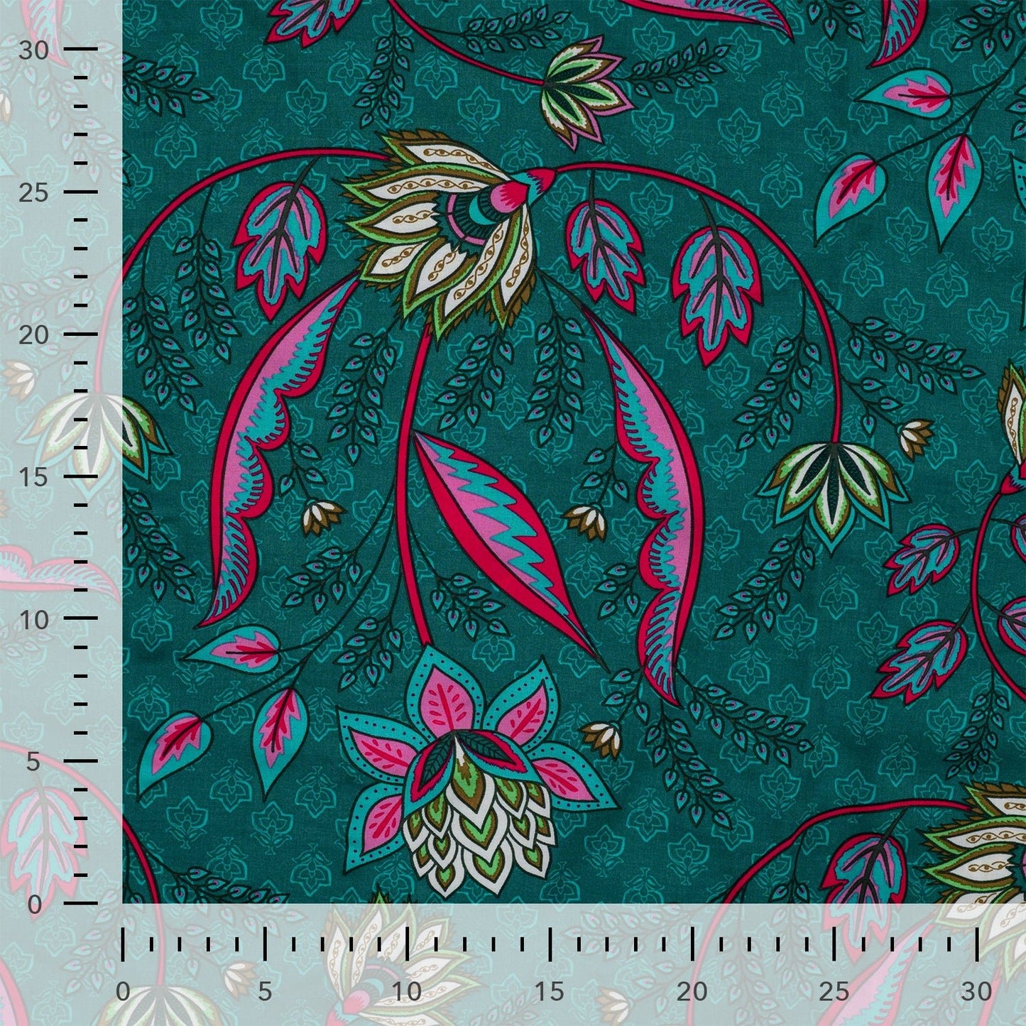 Printed 100% viscose fabric on a petrol background, 90 g/m² – available at Šarlotes audumi