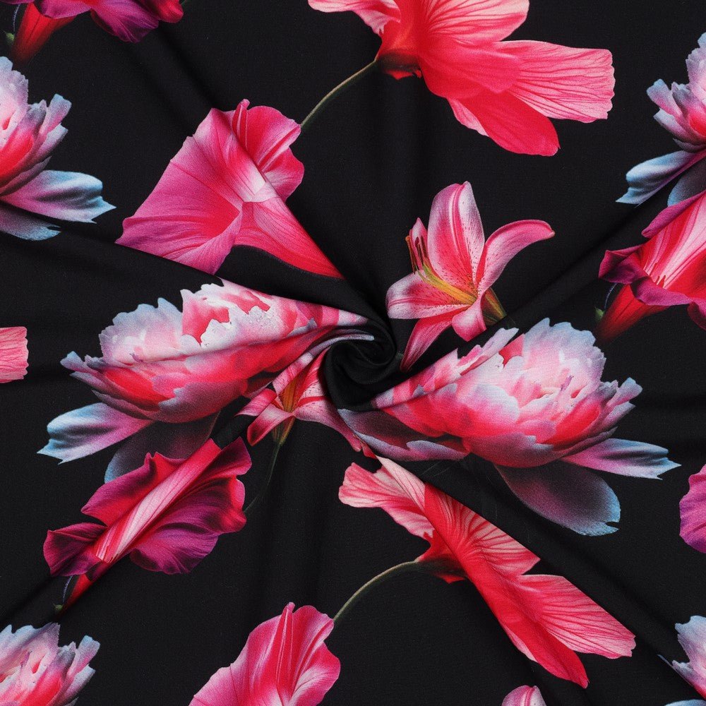 100% viscose fabric - pink flowers on a black background 110 g/m²