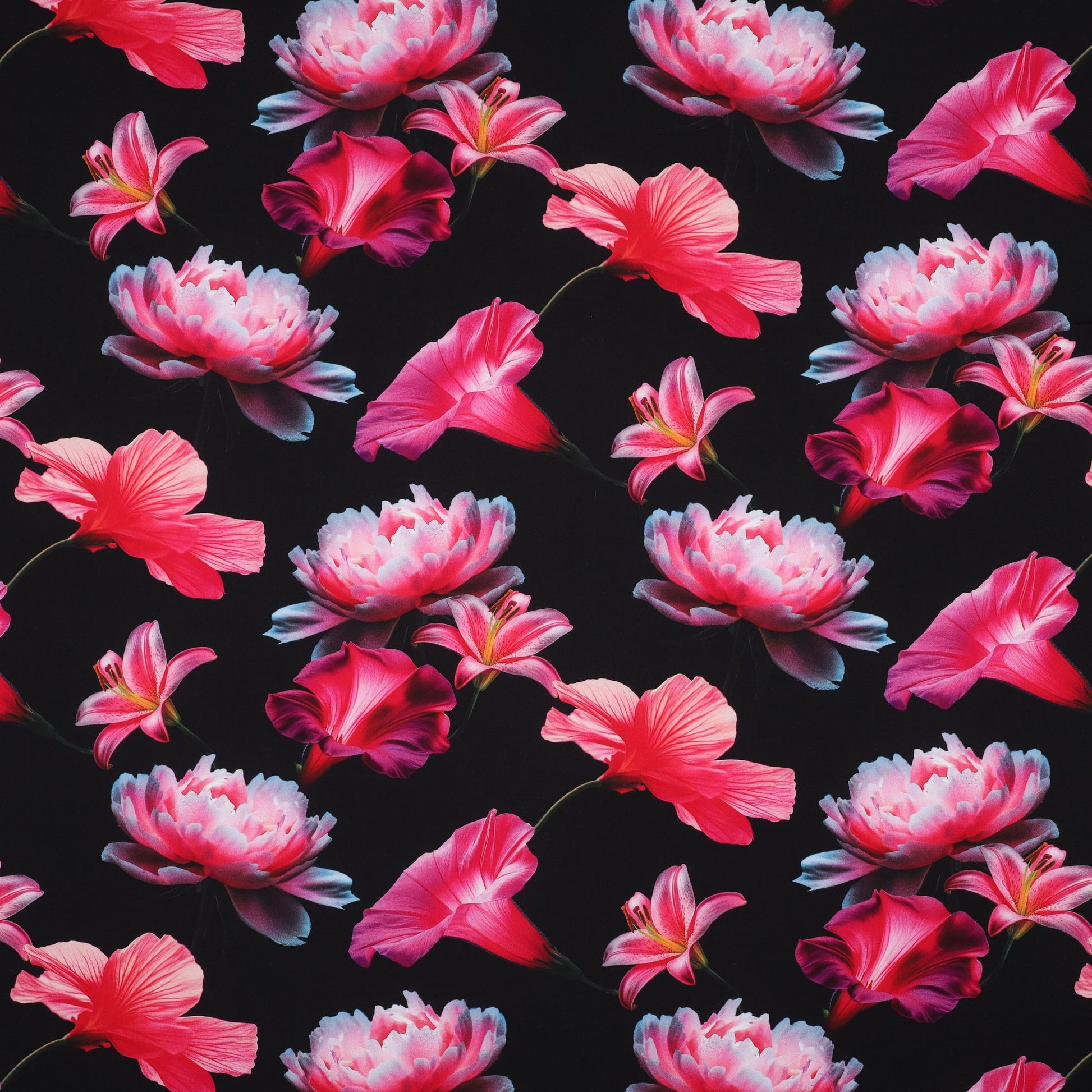 100% viscose fabric - pink flowers on a black background 110 g/m²