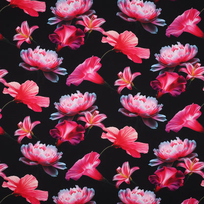 100% viscose fabric - pink flowers on a black background 110 g/m²