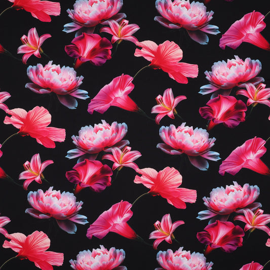 100% viscose fabric - pink flowers on a black background 110 g/m²