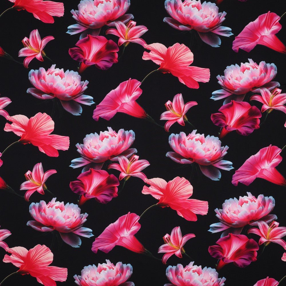 100% Viscose fabric - pink flowers on a black background 110 g/m²