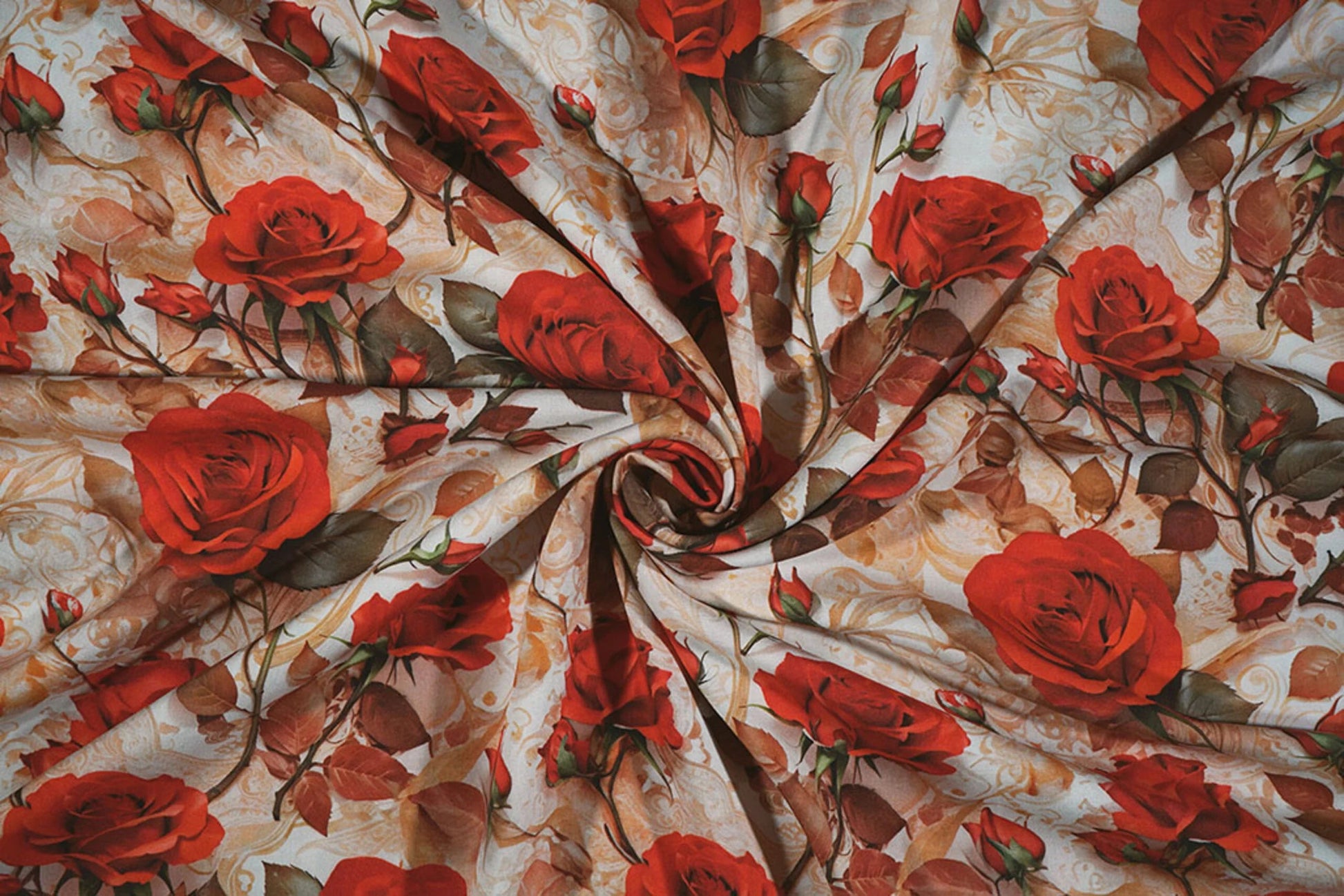 100% viscose fabric - red roses 100 g/m²