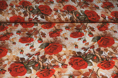 100% Viscose fabric - red roses 100 g/m²