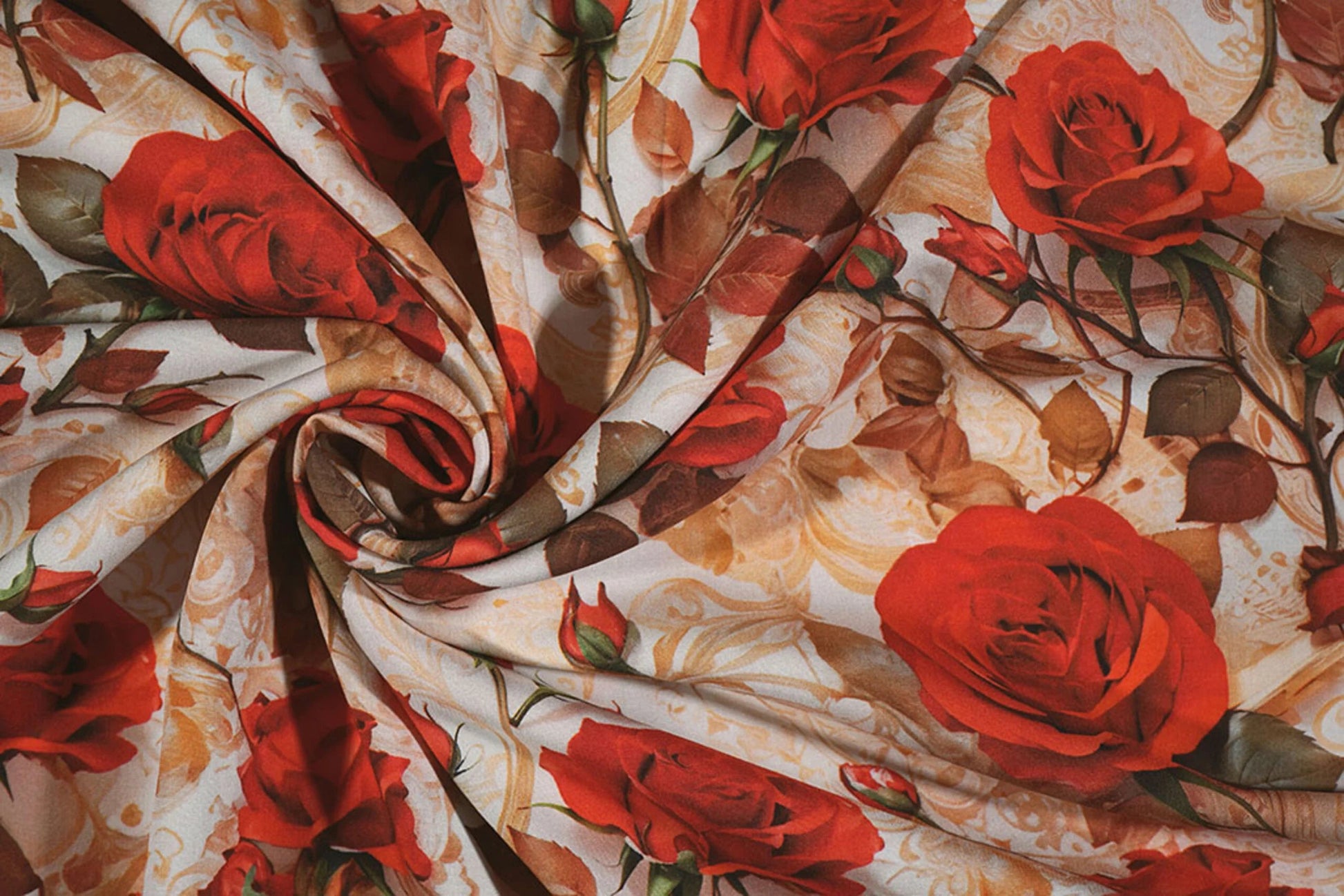 100% Viscose fabric - red roses 100 g/m²