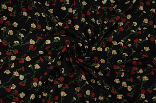 Image with 100% viscose fabric - delicate red flowers 115 g/m² – available at Šarlotes audumi