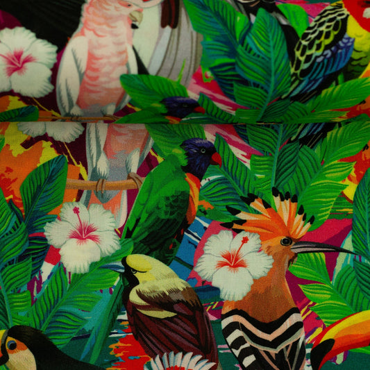 Image with 100% viscose fabric - Tropical Carnival 125 g/m² – available at Šarlotes audumi