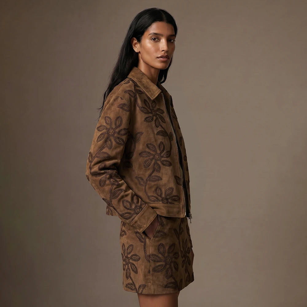 Suede fabric with embroidered floral pattern - brown 310 g/m²