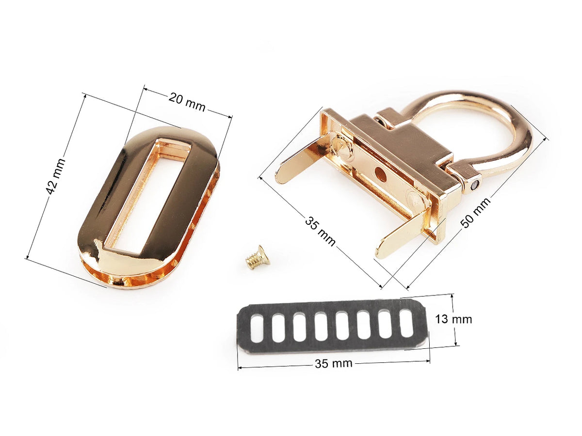 Metalowe zapięcie / zamek do torby 20 × 42 mm – w kolorze złotym