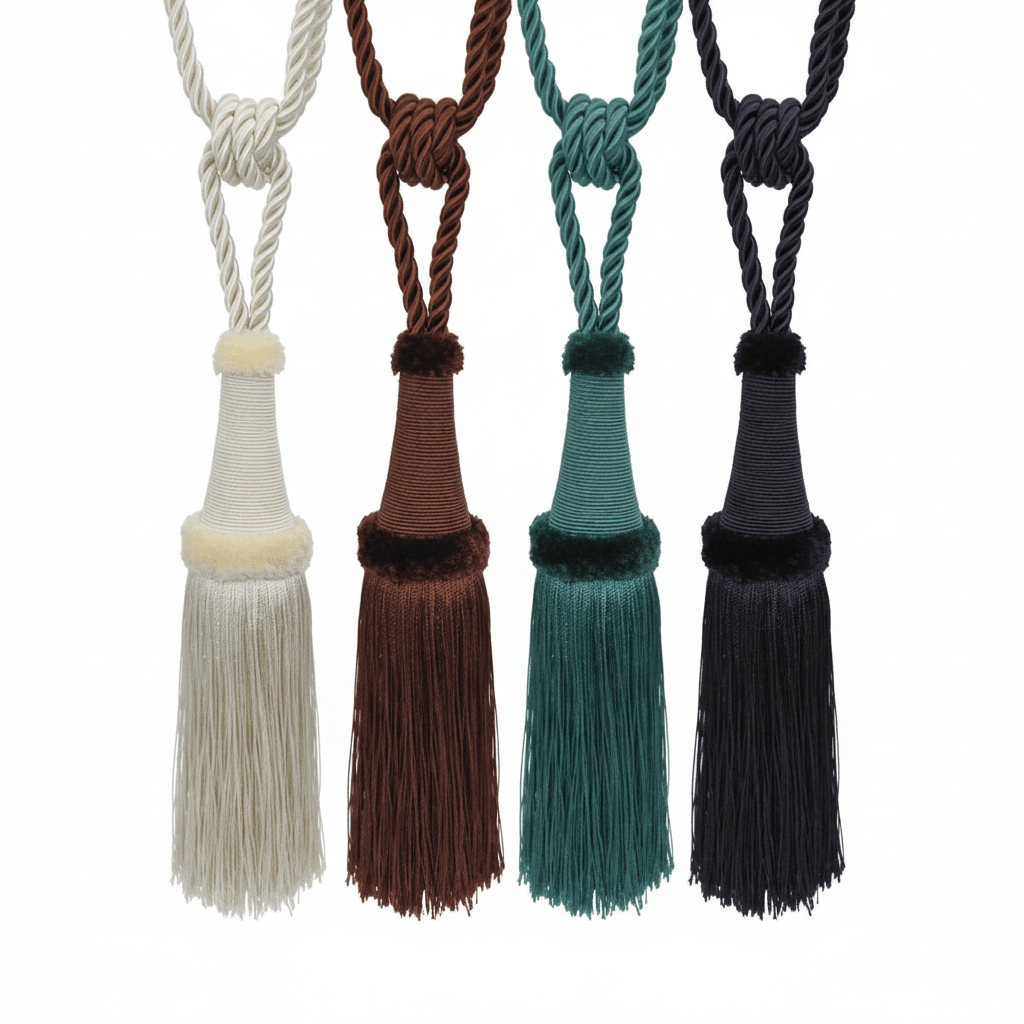 Image of curtain holders, fringe tiebacks|in various shades – available at Charlotte’s Fabrics