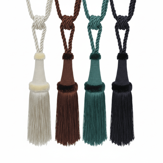 Image of curtain holders, fringe tiebacks|in various shades – available at Charlotte’s Fabrics