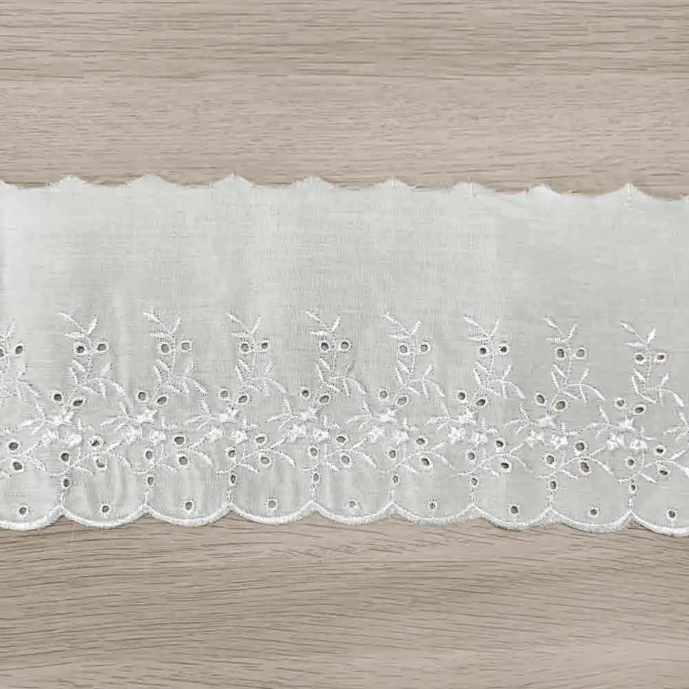 White embroidered lace trim with eyelet pattern ????? cm – available online at Šarlotes audumi