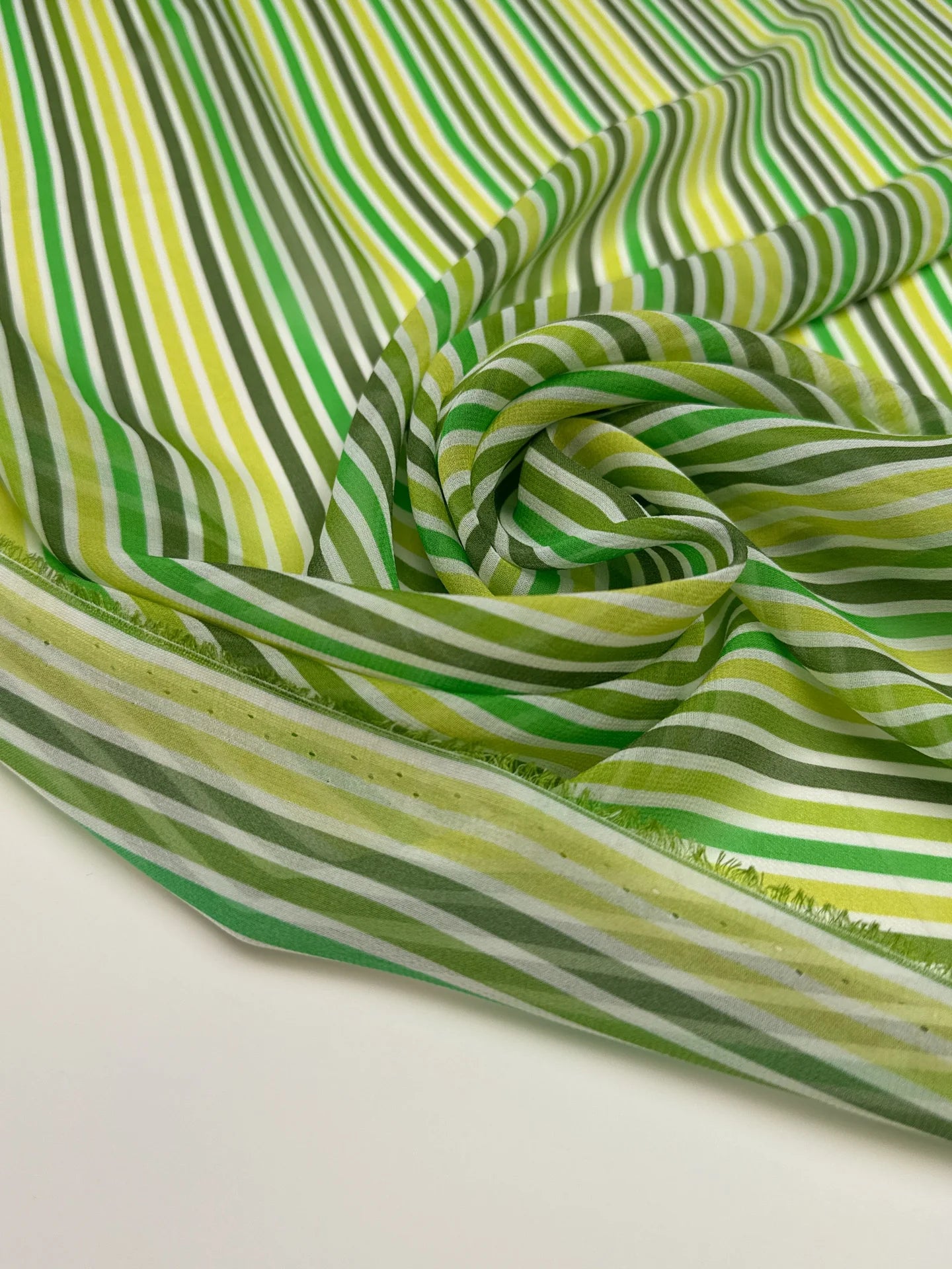 Italian 100% Silk Crepe Fabric - Green Stripes 55 g/m²