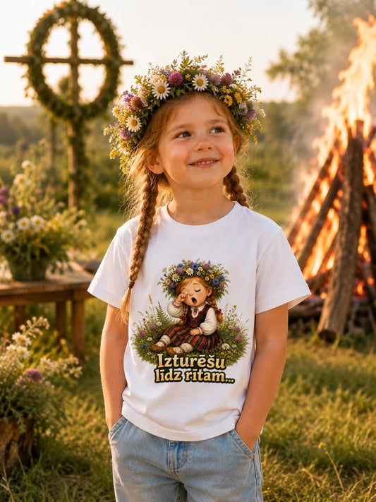 Image of a children's T-shirt "I’ll make it till morning!" – available at Šarlotes audumi