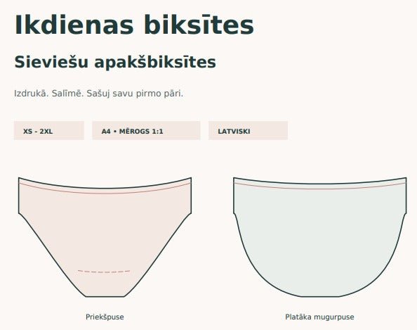 Grafika z BEZPŁATNYM wykrojem damskich majtek PDF | XS–2XL – dostępny online Šarlotes audumi