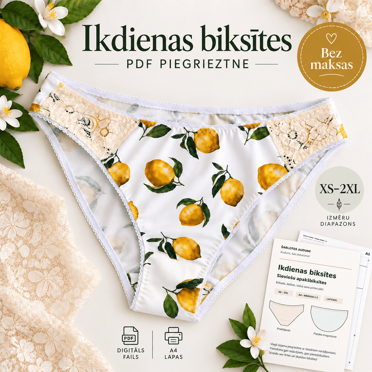 Grafika z BEZPŁATNYM wykrojem damskich majtek PDF | XS–2XL – dostępny online Šarlotes audumi