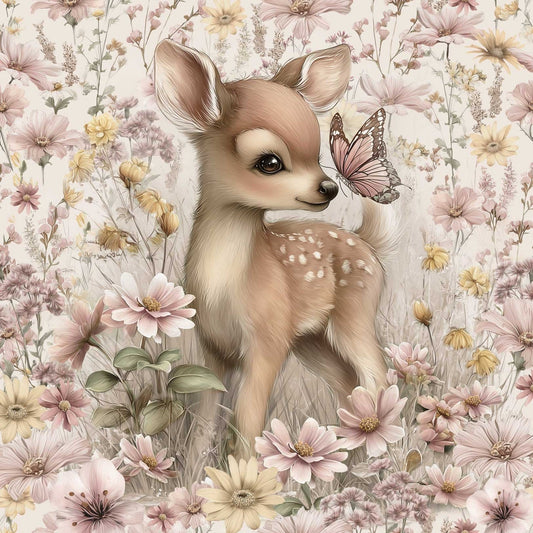 Image of a loop-knit panel 40x50 cm - Bambi in a flower meadow 250 g/m² – available at Šarlotes audumi
