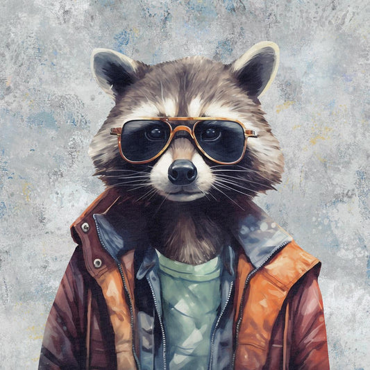 Image of loop-knit panel - raccoon in a stylish aviator look 250 g/m² | Design - 01 – available at Šarlotes audumi