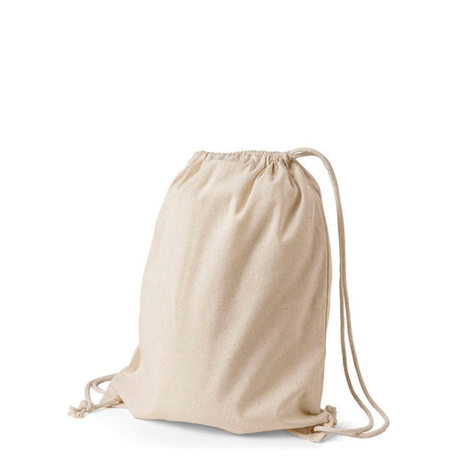Image of a natural cotton drawstring backpack, 140 g/m², 38 × 46 cm – available at Charlotte’s Fabrics