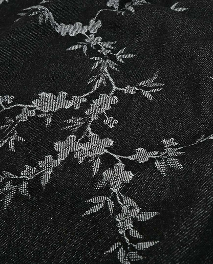 Black floral jacquard denim fabric