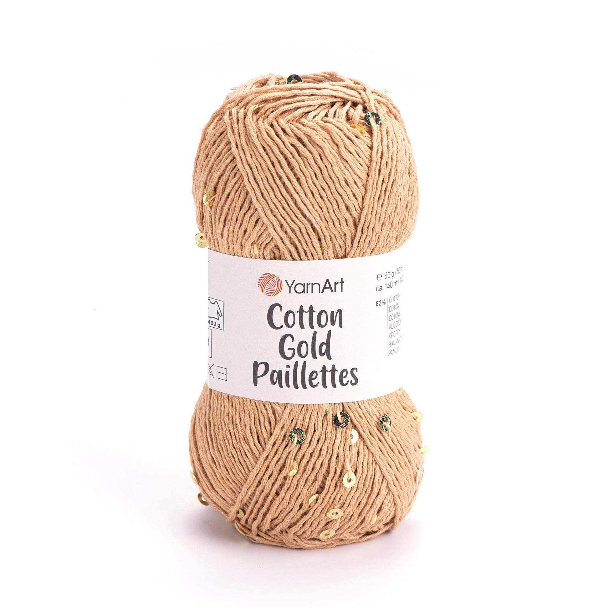 Image with YarnArt Cotton Gold Paillettes yarn with sequins - 50g / 140m – available at Charlotte's Fabrics