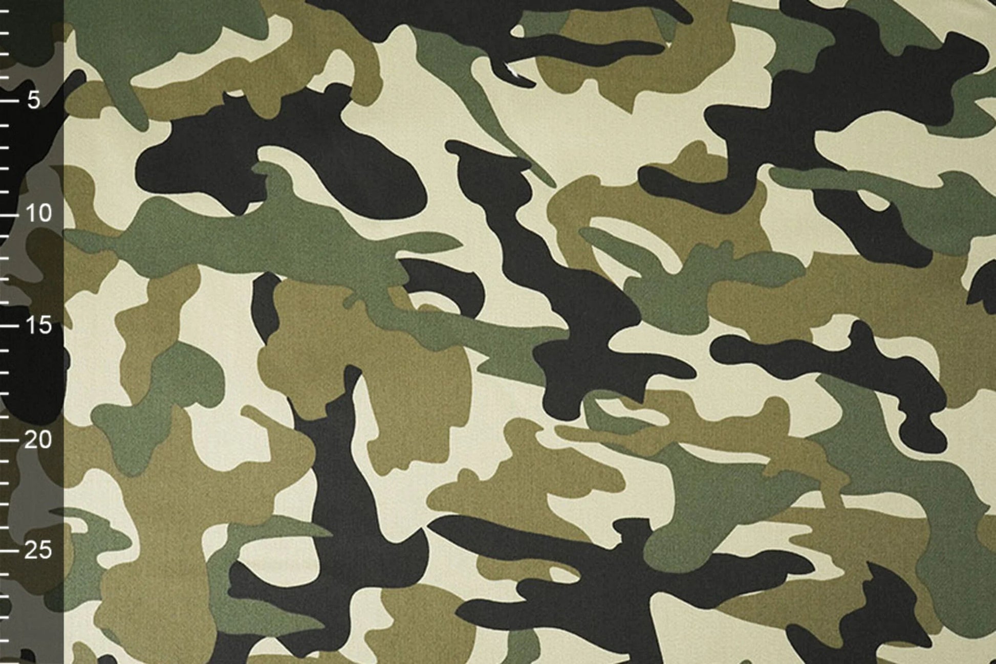 Image of denim fabric with camouflage pattern – Army Green 275 g/m² – available at Šarlotes audumi