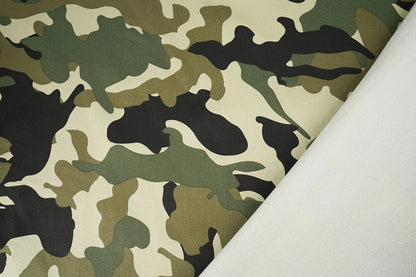 Image of camouflage pattern denim fabric – Army Green 275 g/m² – available at Šarlotes audumi