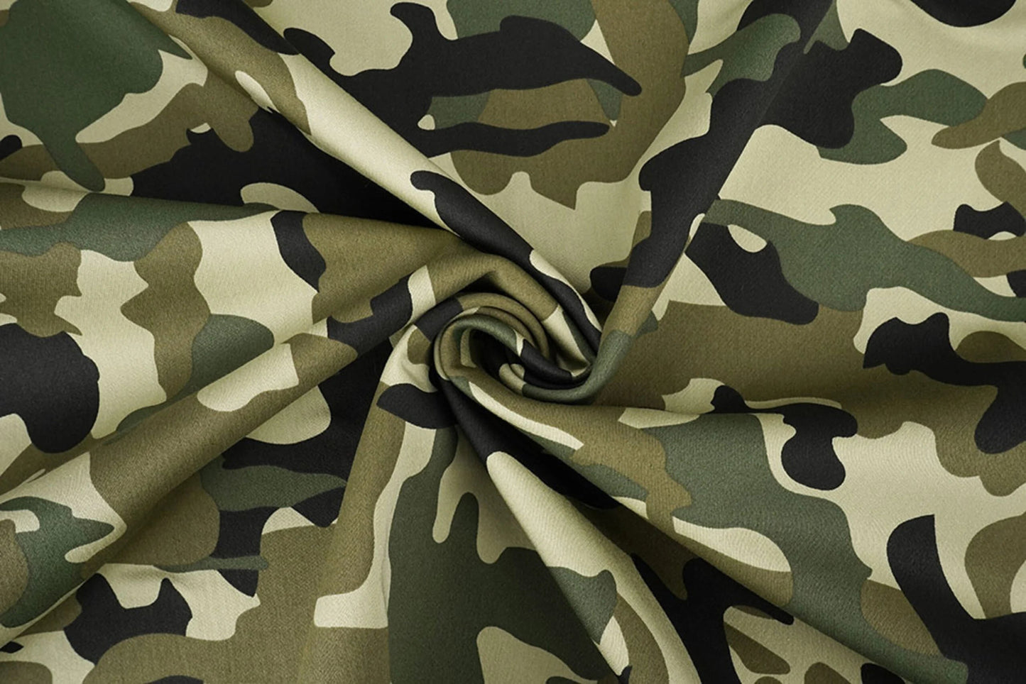 Image of denim fabric with camouflage pattern – Army Green 275 g/m² – available at Šarlotes Audumi