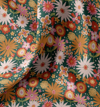 Premium 100% cotton fabric - flowers on green 115 g/m²
