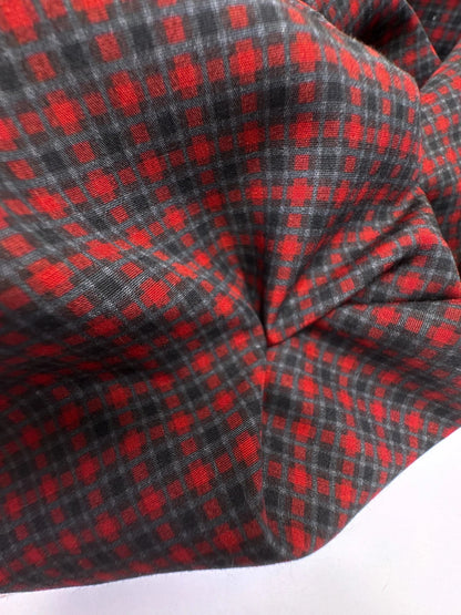 Image of Italian 100% viscose fabric in a red and gray pattern – available online at Charlotte's Fabrics