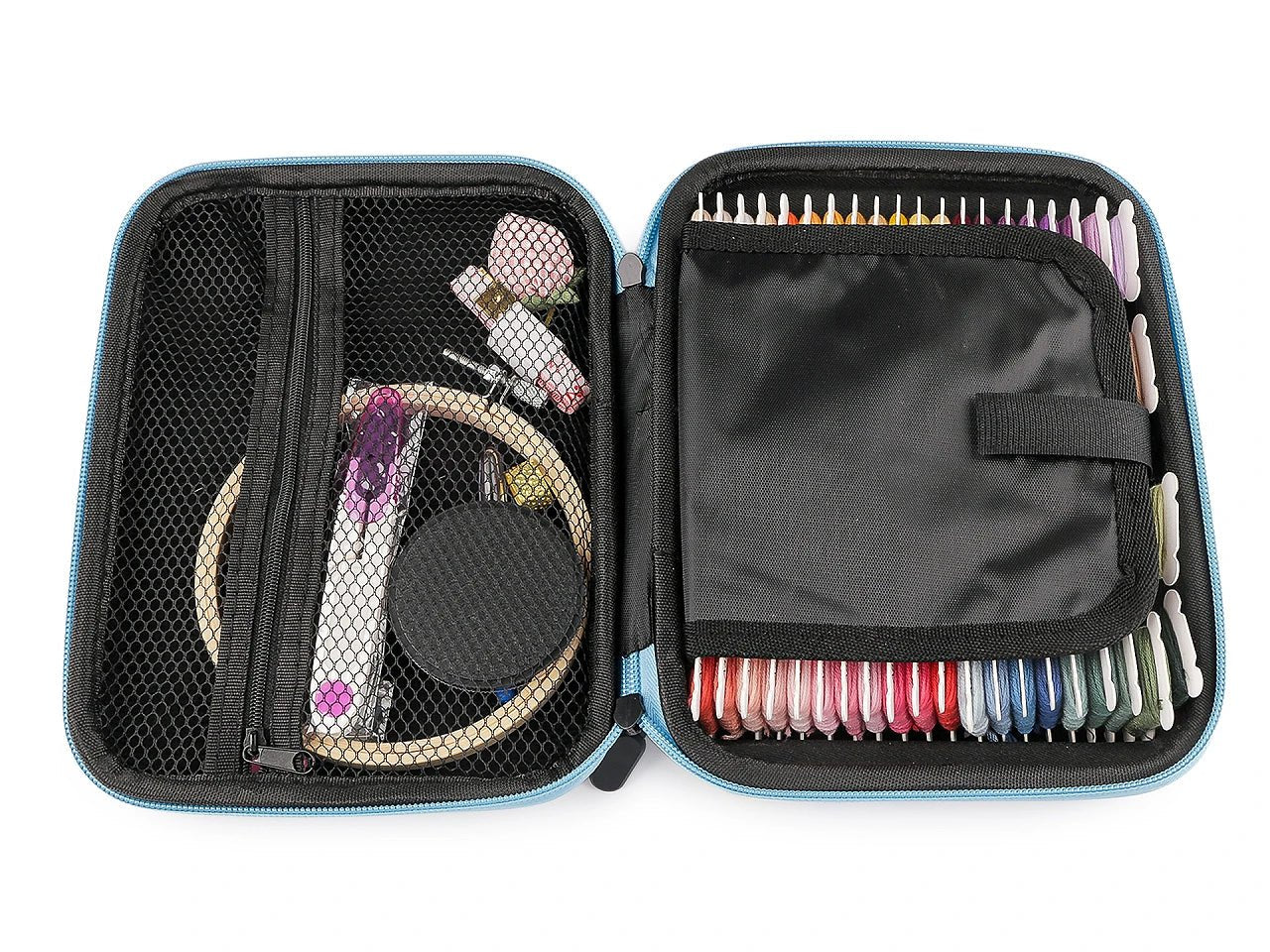 Image of an embroidery kit in a case with embroidery floss and tools – available at Šarlotes audumi