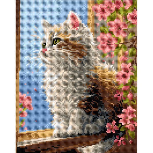 Zestaw do haftu MALVINA – Kot przy oknie, 24 × 30 cm – dostępny online w sklepie Šarlotes audumi