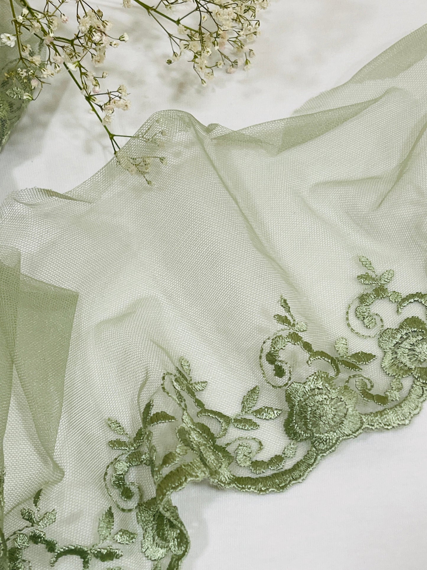 Image of embroidered lace 13 cm - sage green – available at Šarlotes audumi