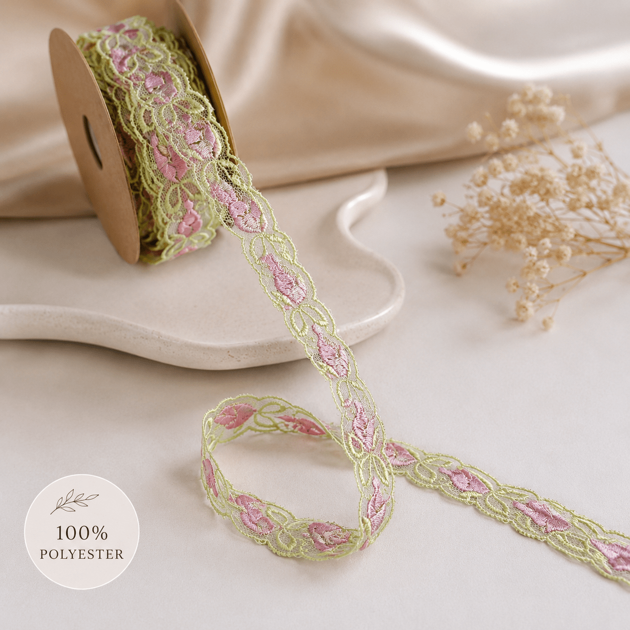 Image of embroidered lace 1,5 cm - pink tulips – available at Šarlotes audumi