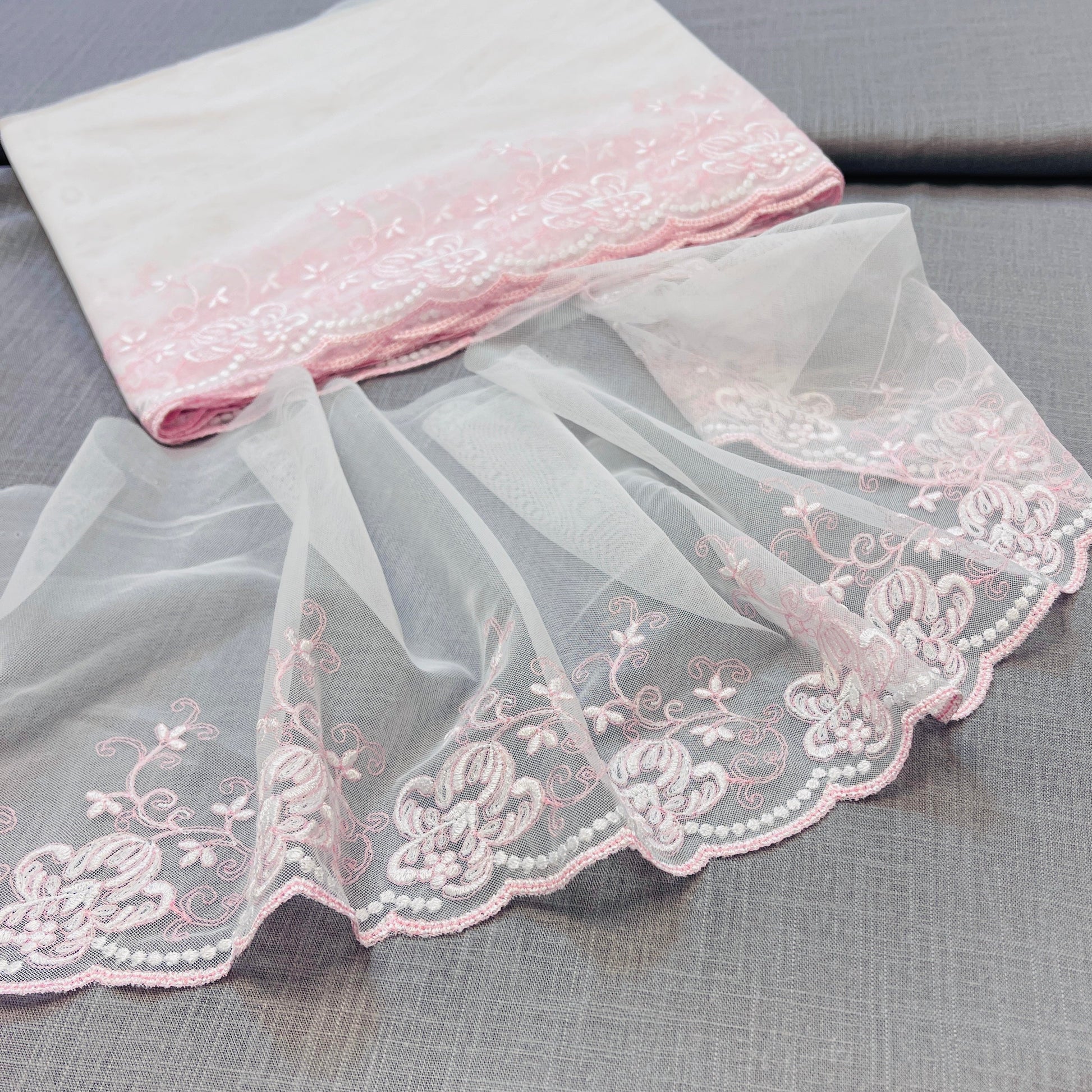 Image with embroidered lace 20 cm - with pink-tone embroidery – available at Šarlotes audumi