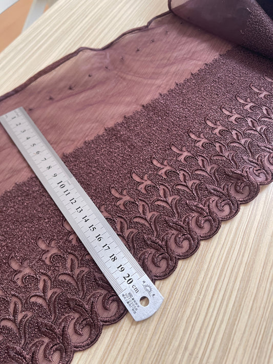 Embroidered lace, 25 cm - brownish burgundy – available at Charlotte's Fabrics