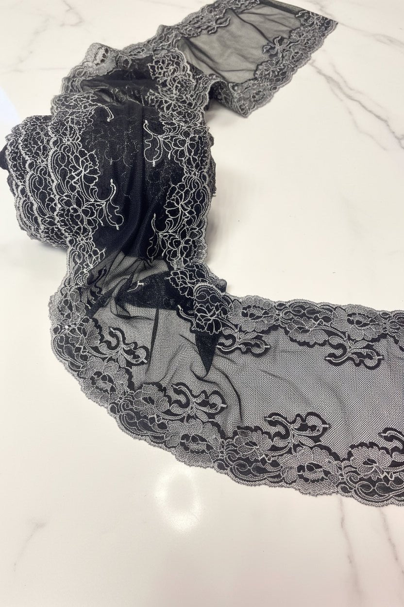 Embroidered lace on tulle, 20 cm, black with white – available online at Šarlotes audumi